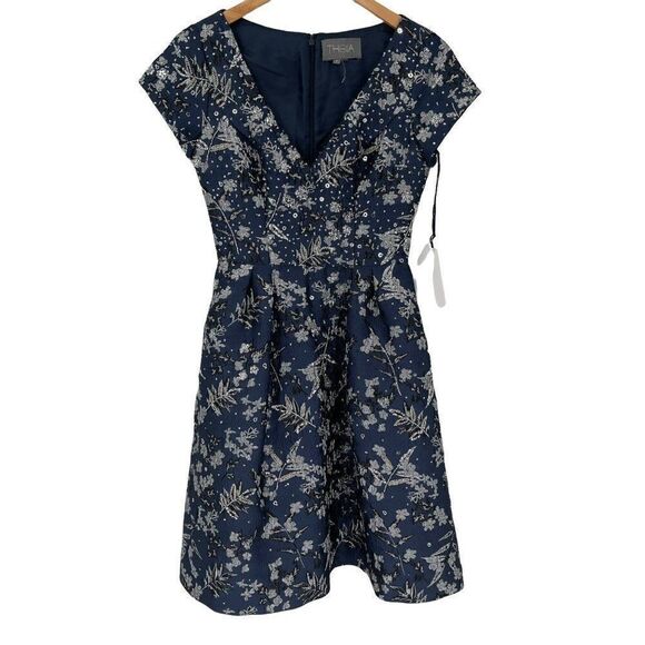 Theia Metallic Floral Jacquard A-Line Dress Knee Length Beaded Sequin Blue 2 - Picture 4 of 15